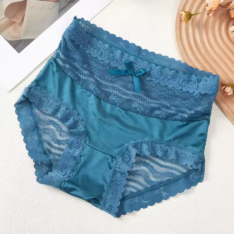 Bow Trim Lace High Waist Seamless Ice Silk Splice Breathable Underpants